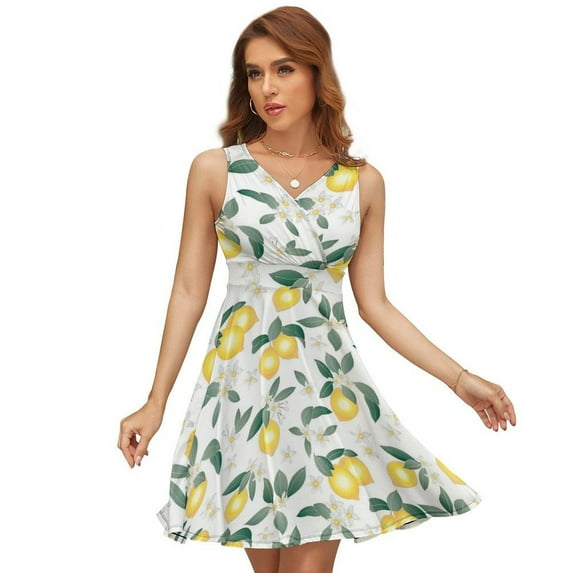 Lemons on White Sleeveless Dress Women Summer Evening Dresses Ladies Sundress