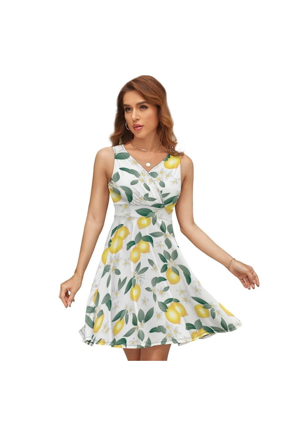 Lemons on White Sleeveless Dress Women Summer Evening Dresses Ladies Sundress