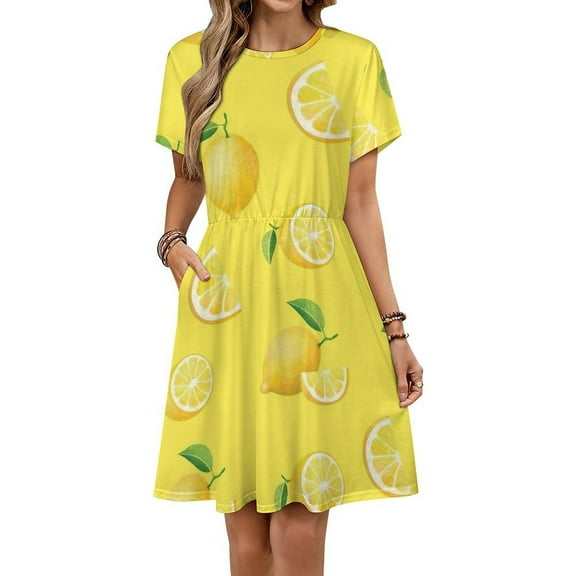 Lemons on Yellow Dress Summer Street Style Dresses Female Short Sleeve Printed Sundress