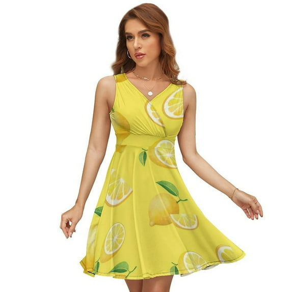 Lemons on Yellow Dress Summer Street Style Dresses Female Sleeveless Printed Sundress