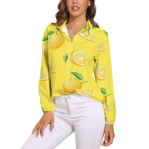 Lemons on Yellow Long Sleeve Blouse Woman Streetwear Casual Shirts Summer Oversize Woman Streetwear Clothing Birthday Present