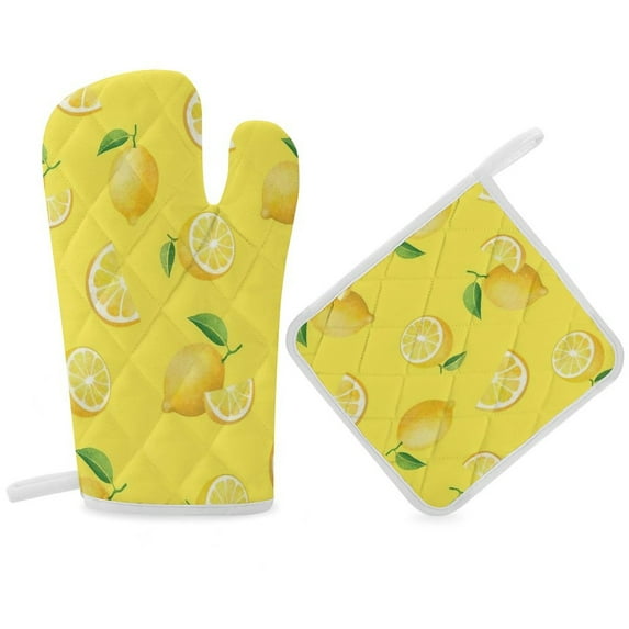 Lemons on Yellow Oven Gloves And Pots Stand Set Oven Gloves And Pot Racks Pot Racks And Oven Gloves Set