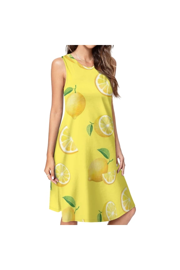 Lemons on Yellow Spring Summer Dresses for Women Fashion T-shirt Dress Casual Sleeveless Loose Sundress with Pockets