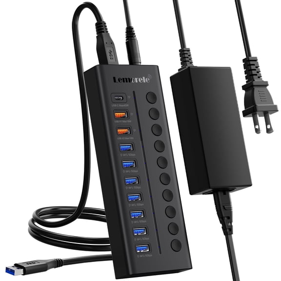 Lemorele 10-in-1 Docking Station, 7 USB 3.0 Hubs + 1 Type-C Port + 2 Type-A Ports for Fast Charging, Independent Switch with Indicator Light, 5gbps Transfer