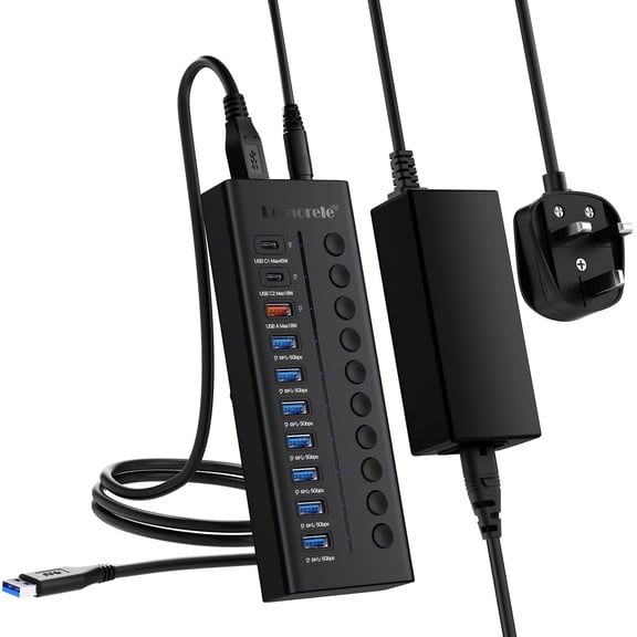 Lemorele 10-in-1 USB 3.0 Hub, 5Gbps Data Transfer Docking Station, 72w Fast Charging Dongle, Black