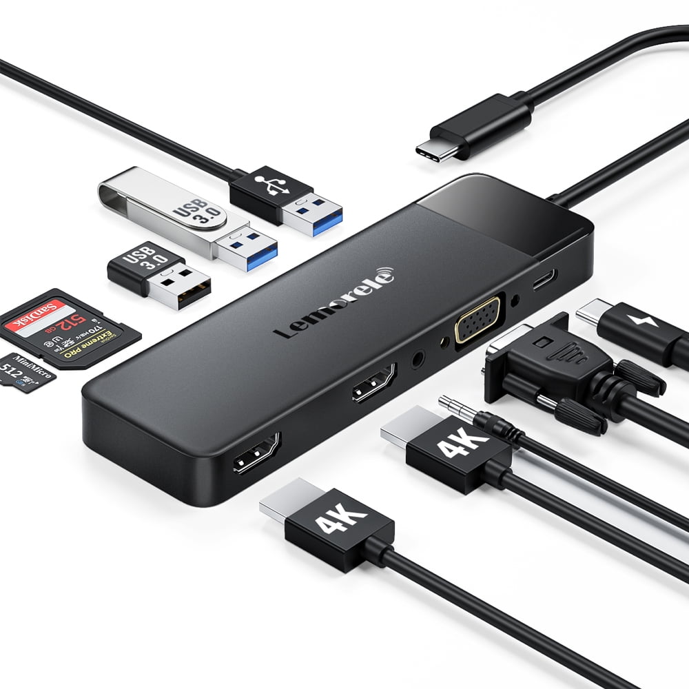 Lemorele Docking Station, HDMI Hub with Dual 4k HDMI, USB a 3.2/2.0, PD 100W, VGA 3.5mm Audio, Sd/Tf Card Slot, USB C Adapter for Windows/Macbook