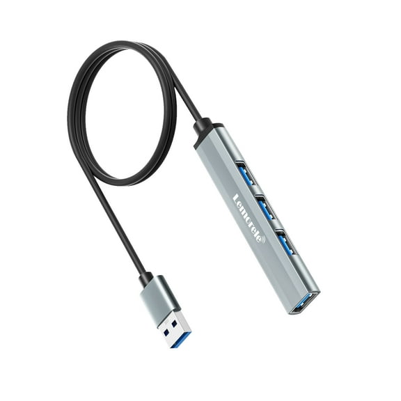 Lemorele 4-in-1 USB Hub, 47.24-Inch (120cm) Cable, 1 USB A 3.0 + 3 USB A 2.0, Aluminum Alloy, Gray
