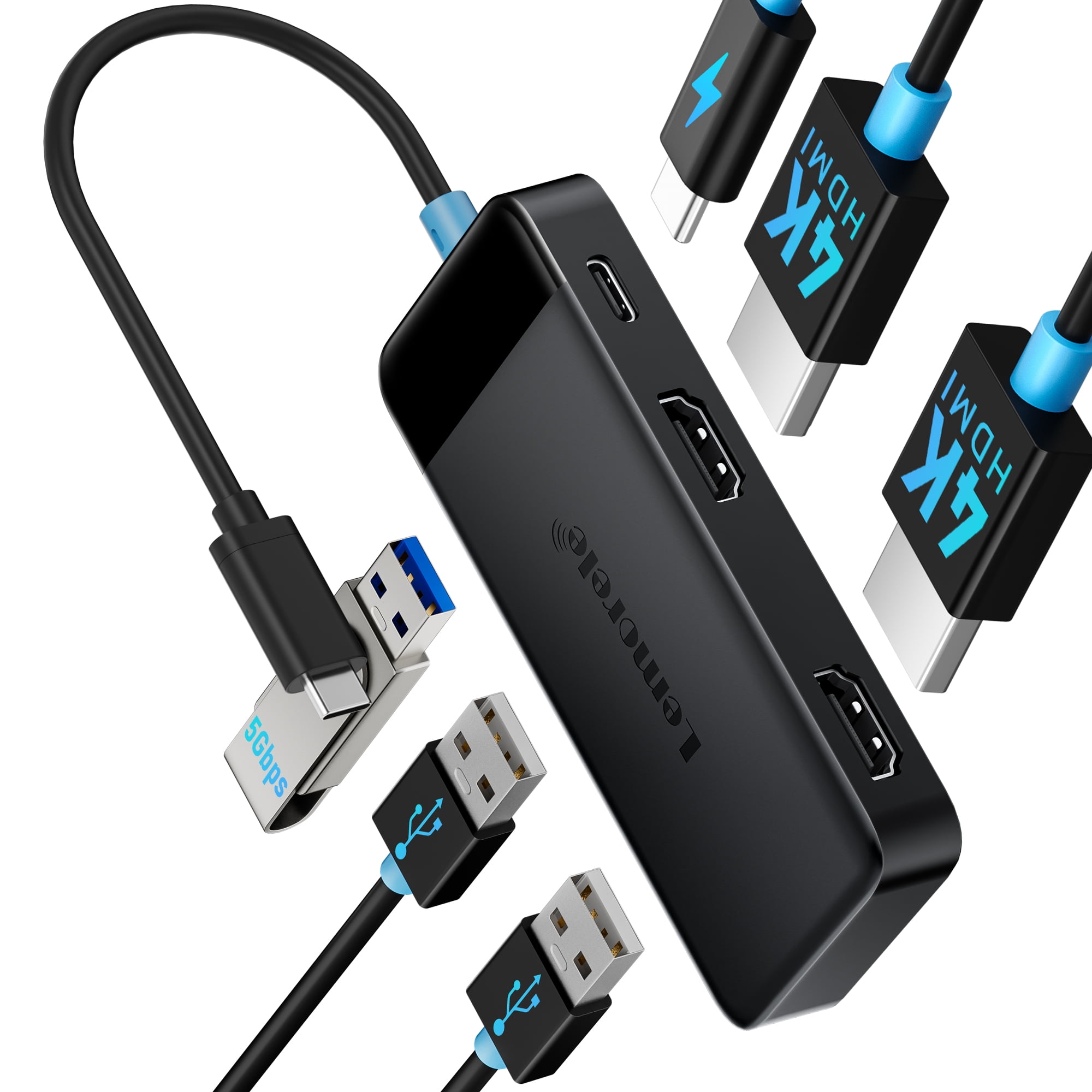 Lemorele 6 in 1 USB-C Multiport Hub, Laptop Splitter, PC Adapter, 4K Dual HDMI Adapter, USB A Data Port, 100W PD