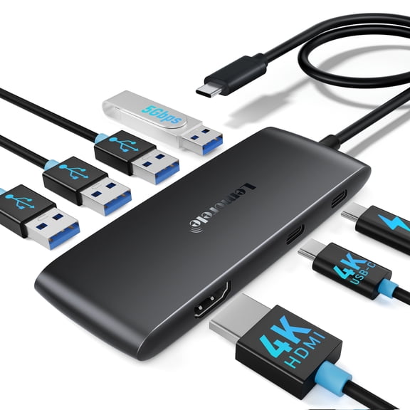 Lemorele 7-in-1USB-C Hub,Docking Station with 4K DP+Dual HDMI,100W PD Charging, 4 USB-A,USB C Adapter for AR Glasses,Portable Display,Projector, Monitor