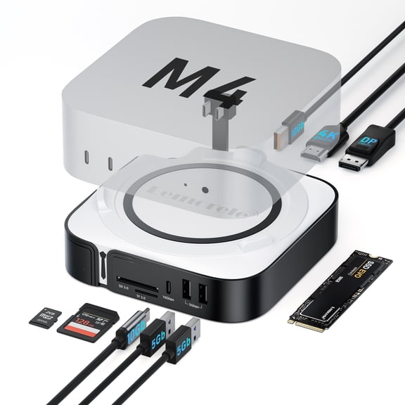 Lemorele Mac mini M4 Dock, Docking Station with Dual 4K Monitor, Mac Mini Stand Hub with NVMe SSD Enclosure,10Gbps USB-C/USB-A, 4K HDMI, DisplayPort 1.4, SD/TF Card Reader ,Mac mini M4 Hub