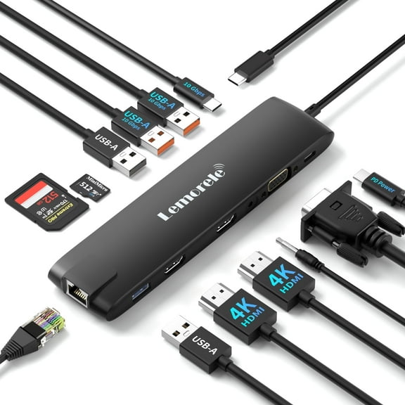 Lemorele Multi-Function Hub with 3 Displays, 13 in 1 Docking Station with Dual 4K HDMI, 1000M Ethernet, 4 USB A 3.0/2.0 Data Ports, 100W PD, SD/TF, AUX 3.5mm USB C Adapter