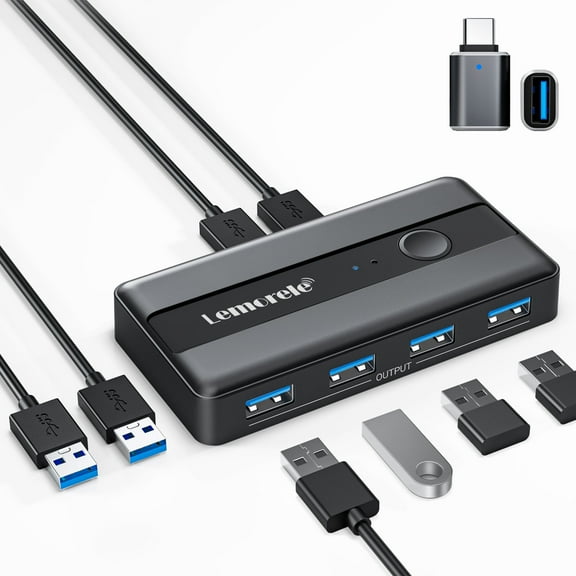 Lemorele USB 3.0 Switch, 2 Input 4 Output USB Switch Adapter, 2 PCS Share 4 USB Devices, One-Button Switching, Plug and Play