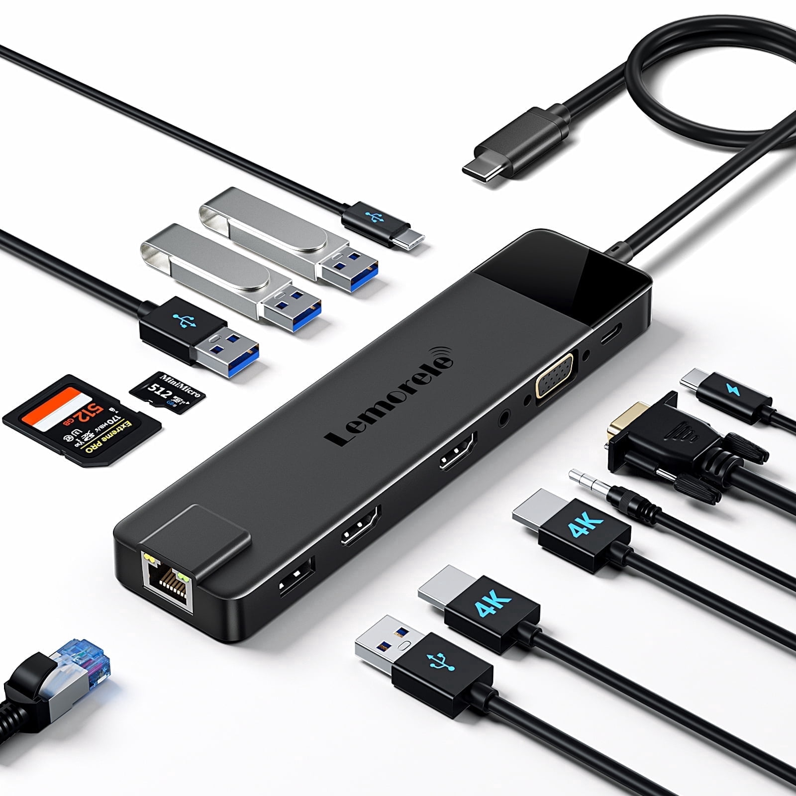 Lemorele TC100L 13 in 1 Docking Station for Triple Monitors, USB C Hub with Dual 4K HDMI, Gigabit Ethernet, VGA, 5 USB Ports, SD/TF, 3.5mm Audio, 100W PD, Multiport Adapter for Type C Laptops