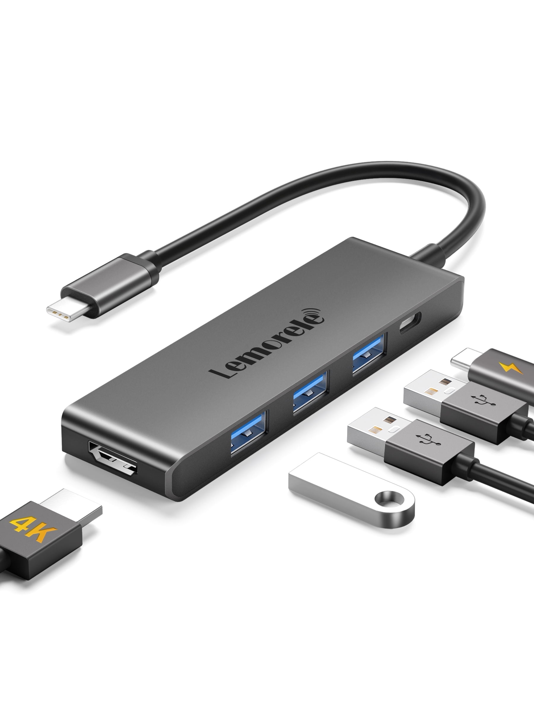 Lemorele TC22L 5-in-1 Docking Station, USB-C Dock with 100W PD Charging, 4K HDMI, USB 3.0/2.0 Data Port, USB C Hub for Laptop/Switch/MacBook/Windows,Aluminum Alloy, Gray
