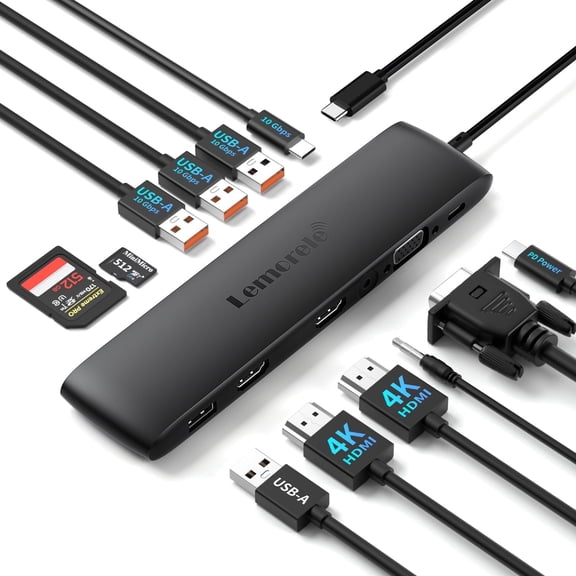 Lemorele 12 in 1 USB C Hub, Triple Display Multiport Adapter with Dual 4K HDMI+VGA,3 USB A 3.2,100W PD Charging,SD/TF Card Reader, Laptop Docking Station for MacBook/Windows