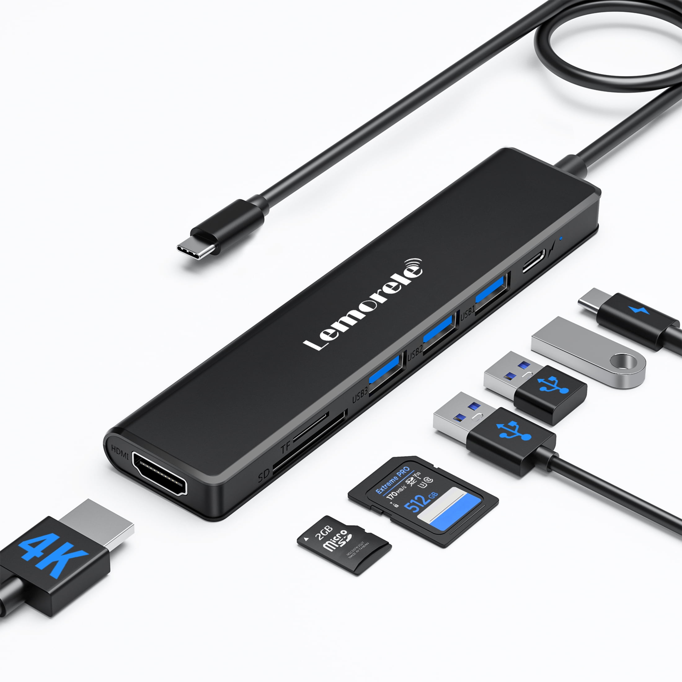 Lemorele USB C 7-in-1 Docking Station with 4K HDMI, USB 3.0, SD/TF Card Slot,  100W Fast Charging Adapter