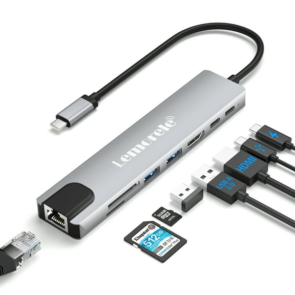 Lemorele USB C 8-in-1 Docking Station, With USB 3.0/2.0, 4k HDMI, Sd/Tf Card Reader, Rj45 Ethernet Port, Fast Charge, Aluminum Alloy, Silver, Compatible with Apple, Lenovo, Dell, Asus, Switch