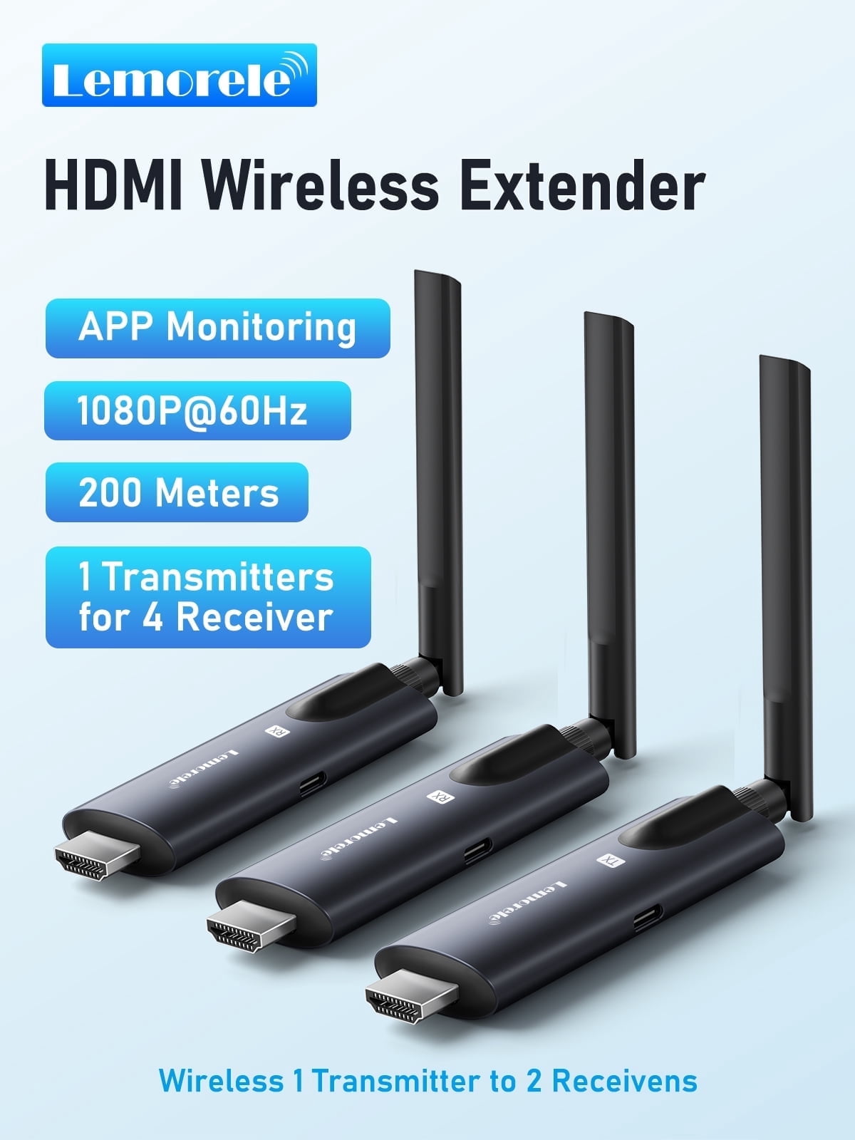 Lemorele Wireless HDMI Transmitter and 2 Receivers, 1080p, 656ft