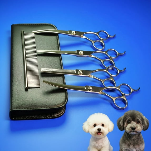 Lemulegu 6-Piece Stainless Steel Curved Tip Grooming Scissors Set for Dogs and Cats with Storage Box