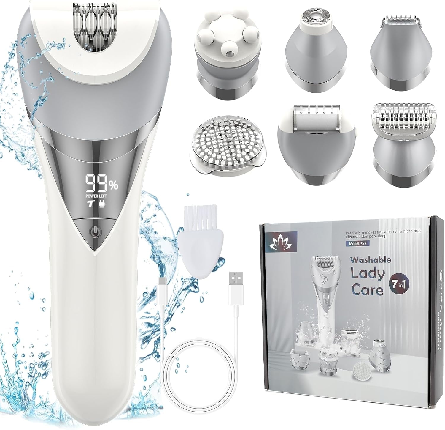 Lemulegu Epilator for Women, 7 in 1 Epilator Hair Removal for Women, Shaver, Bikini, Face Razor, Facial Brush, Face Massage and Body Exfoliator, IPX6 Waterproof Painless Lady Shaver Wet & Dry (White)