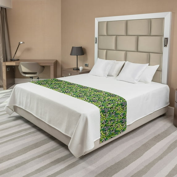 Lemur Bed Runner, Exotic Jungle Eyes Repetitive Print, Decorative Accent Bedding Scarf for Hotels Homes and Guestrooms, Queen, Fern Green Dark Grey, by Ambesonne
