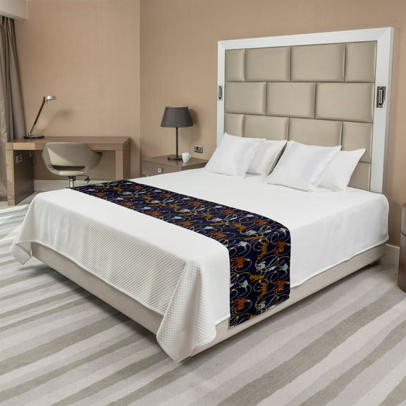 Lemur Bed Runner, Exotic Tiger Leopard Madagascar Monkey Chains Abstract Repeating Pattern, Decorative Accent Bedding Scarf for Hotels Homes and Guestrooms, King, Apricot Dark Navy Blue, by Ambesonne