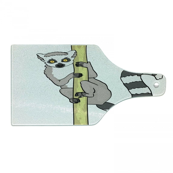 Lemur Cutting Board, Exotic Wild Monkey Ring Tailed Hugging on Branch Cartoon, Decorative Tempered Glass Cutting and Serving Board, in 3 Sizes, by Ambesonne