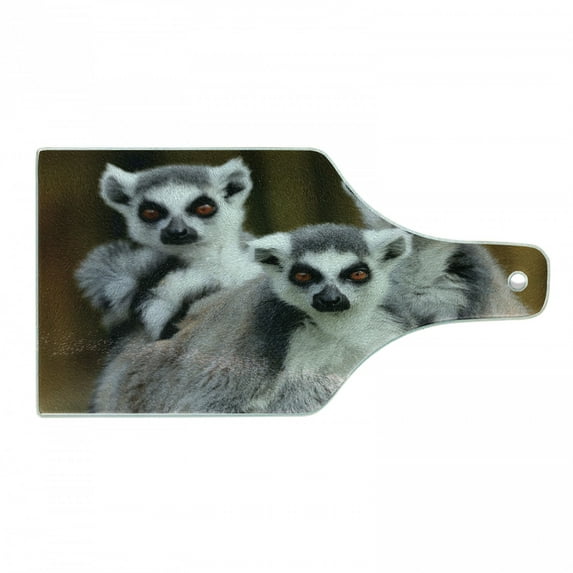 Lemur Cutting Board, Photo of 3 Ring Tailed Wild Animals Watching Carefully, Decorative Tempered Glass Cutting and Serving Board, in 3 Sizes, by Ambesonne
