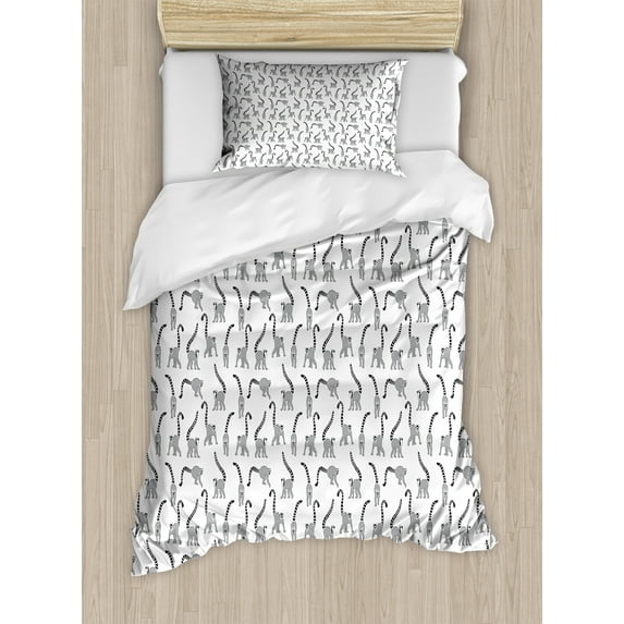 Lemur Duvet Cover Set, Grayscale Savannah Repetitive Mammals Madagascar Endemic Species Print, Decorative 2 Piece Bedding Set with 1 Pillow Shams, Twin Size, Charcoal Grey Pale Taupe, by Ambesonne