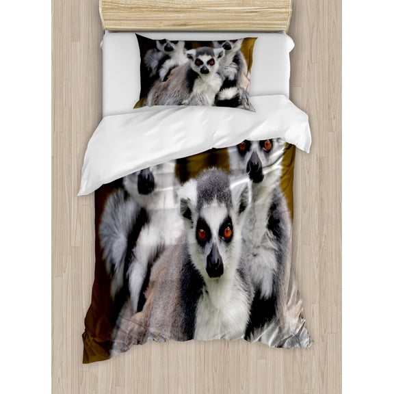Lemur Duvet Cover Set, Photo of 3 Ring Tailed Wild Animals Watching Carefully, Decorative 2 Piece Bedding Set with 1 Pillow Shams, Twin Size, Fawn Pale Mauve Taupe, by Ambesonne