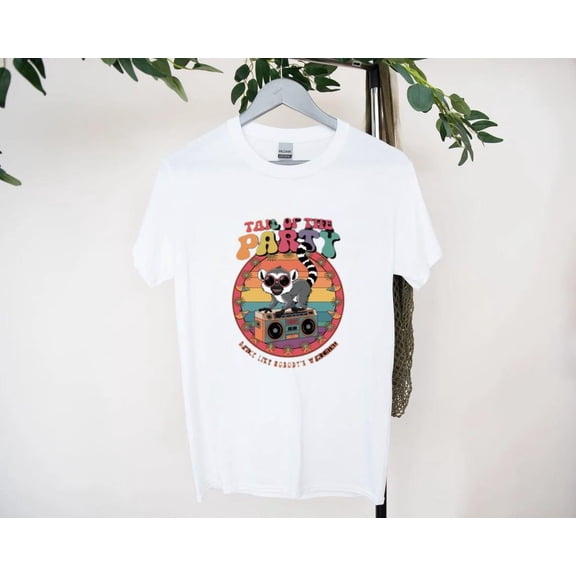 Lemur Party T-Shirt With Tail Of Fun Jungle Celebration, for men & women, up to size 5XL