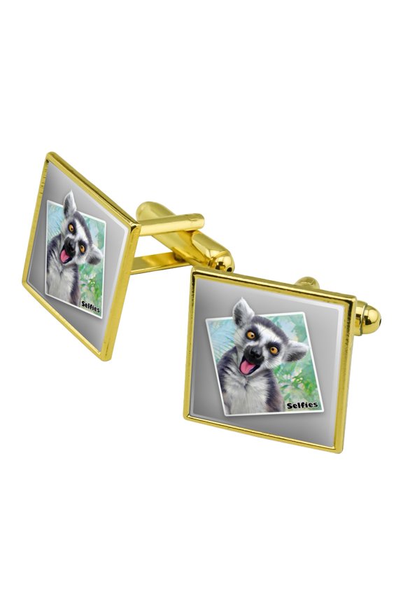 Lemur Selfie Picture Square Cufflink Set - Silver or Gold