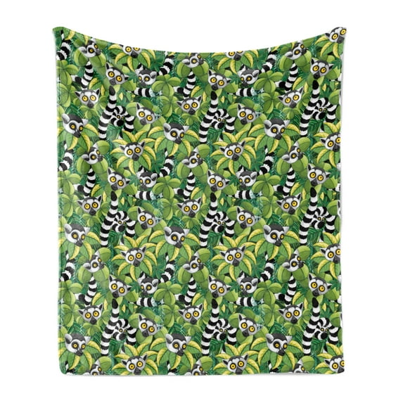 Lemur Soft Flannel Fleece Throw Blanket, Exotic Jungle Eyes Repetitive Print, Cozy Plush for Indoor and Outdoor Use, 50" x 60", Fern Green Dark Grey, by Ambesonne
