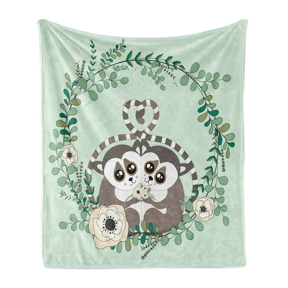 Lemur Soft Flannel Fleece Throw Blanket, Exotic Wild Monkey Couple Botanical Print, Cozy Plush for Indoor and Outdoor Use, 50" x 60", Pale Green Umber, by Ambesonne