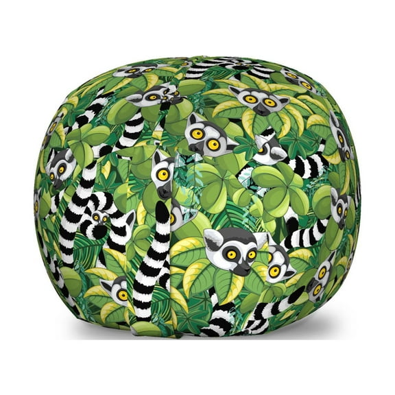 Lemur Storage Toy Bag Chair, Exotic Jungle Eyes Repetitive Print, Stuffed Animal Organizer Washable Bag, Small Size, Fern Green Dark Grey, by Ambesonne