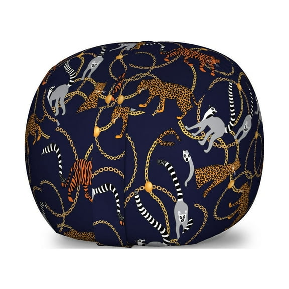 Lemur Storage Toy Bag Chair, Exotic Tiger Leopard Madagascar Monkey Chains Abstract Repeating Pattern, Stuffed Animal Organizer Washable Bag, Small Size, Apricot Dark Navy Blue, by Ambesonne