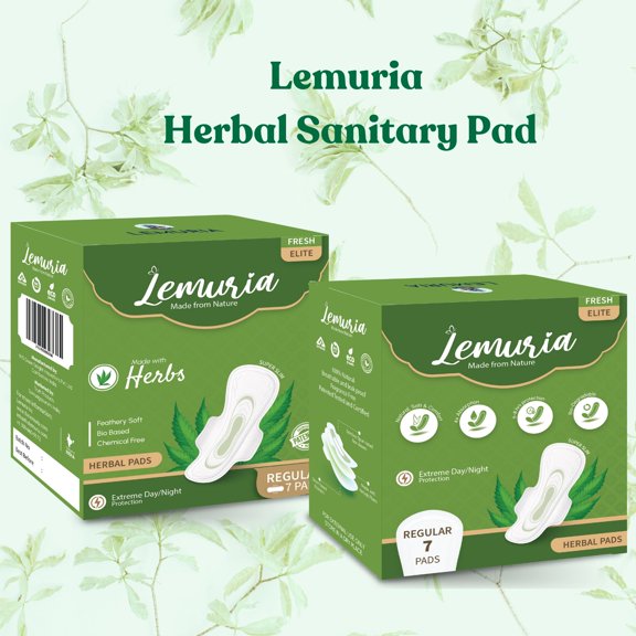 Lemuria - Herbal Sanitary Pad - Regular Pads (2 Packs)- Unscented, Natural Sanitary Napkins with Wings, Total 14 Counts