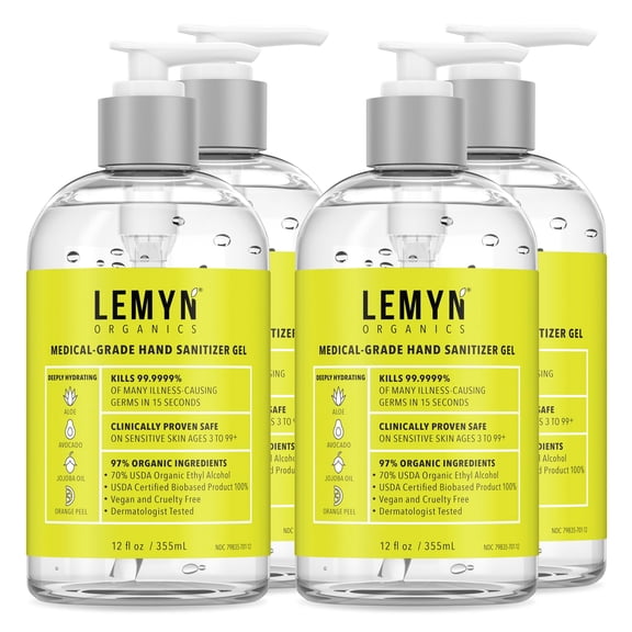 Lemyn Organics Medical‑Grade Hand Sanitizer Gel – 97 % Organic | 70 % USP Ethyl Alcohol | Moisturizing Aloe + Hyaluronic Acid | Freshly Made in USA | 12oz Bottle with Pump (PACK OF 4)