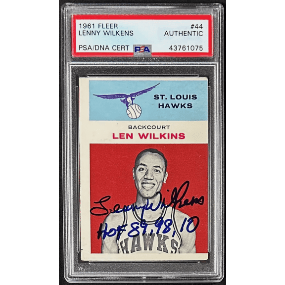 Len Wilkins Signed 1961 Fleer Trading Rookie Card #44 PSA/DNA 43761075 Hawks HOF