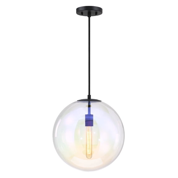 Lena 60-Watt 1-Light Matte Black Transitional Pendant Light with Clear Iridescent Glass Shade, No Bulbs Included