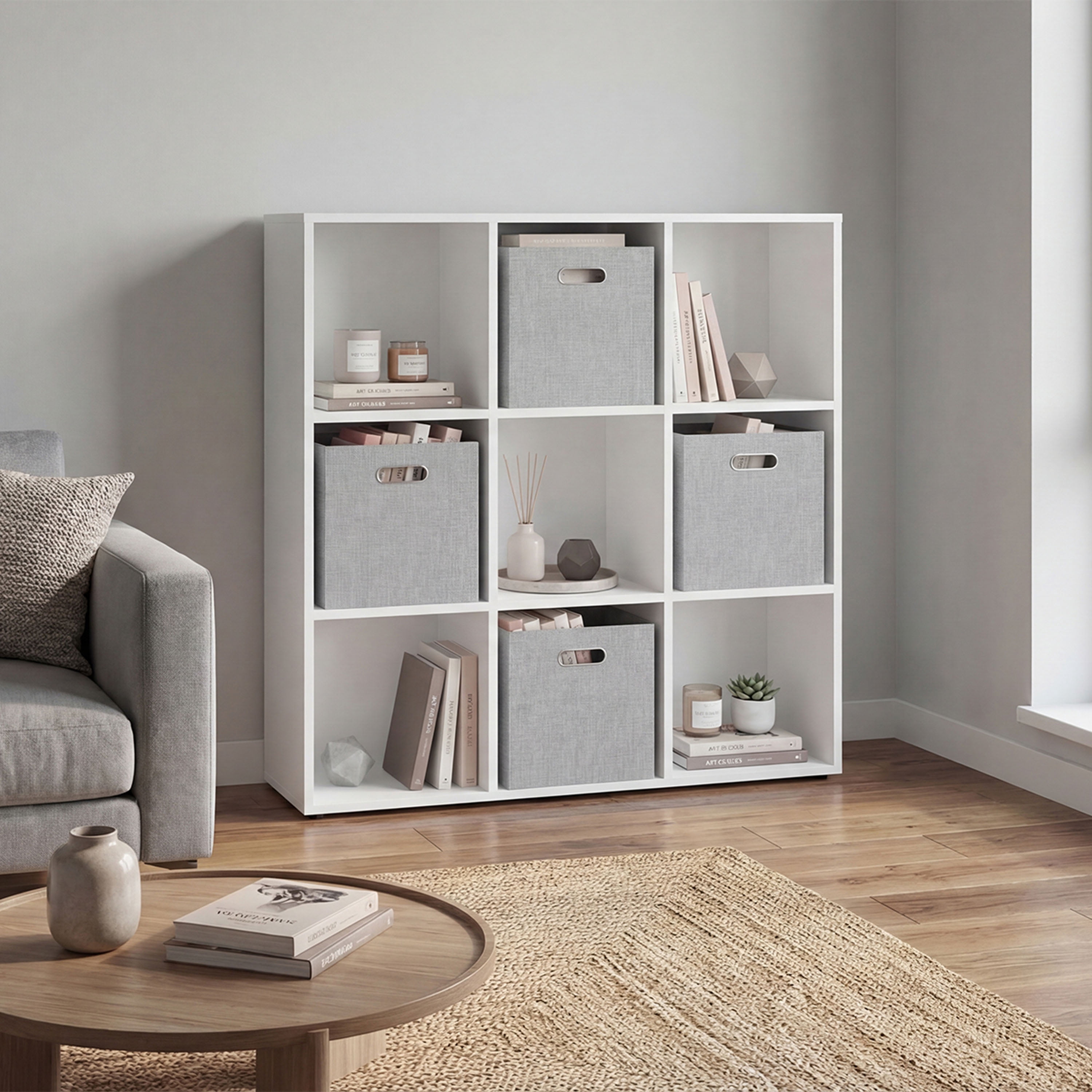 Lena 9-Cube Storage Organizer Bookcase with Display Shelves and 4 Cloth Boxes, for Living Room, Office & Bedroom