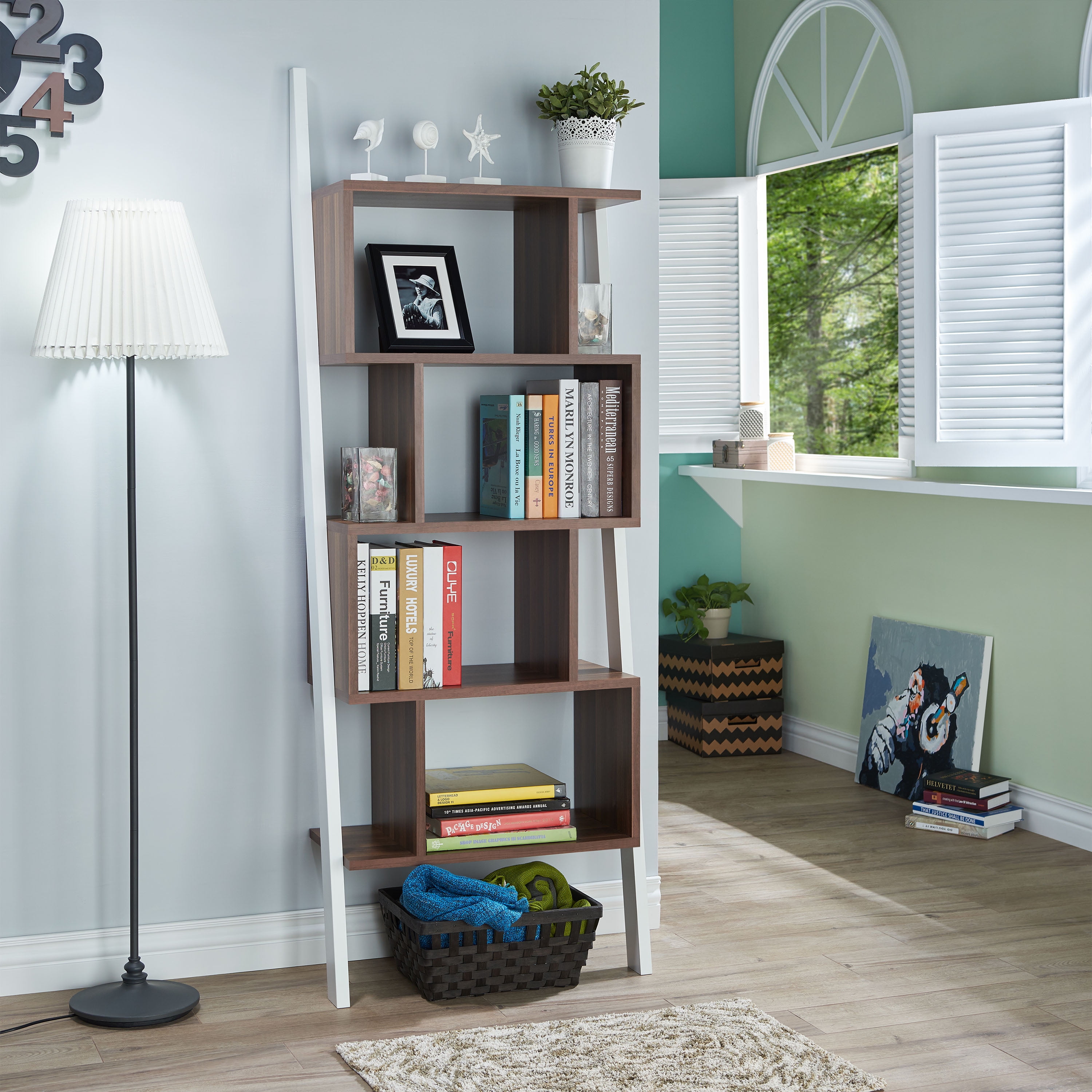 Lena 9-Shelf Wood Bookcase, Light Walnut and White - Walmart.com