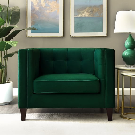 Inspired Home Rin Velvet Club Chair Button Tufted Square Arms Tapered Legs Modern, Hunter Green
