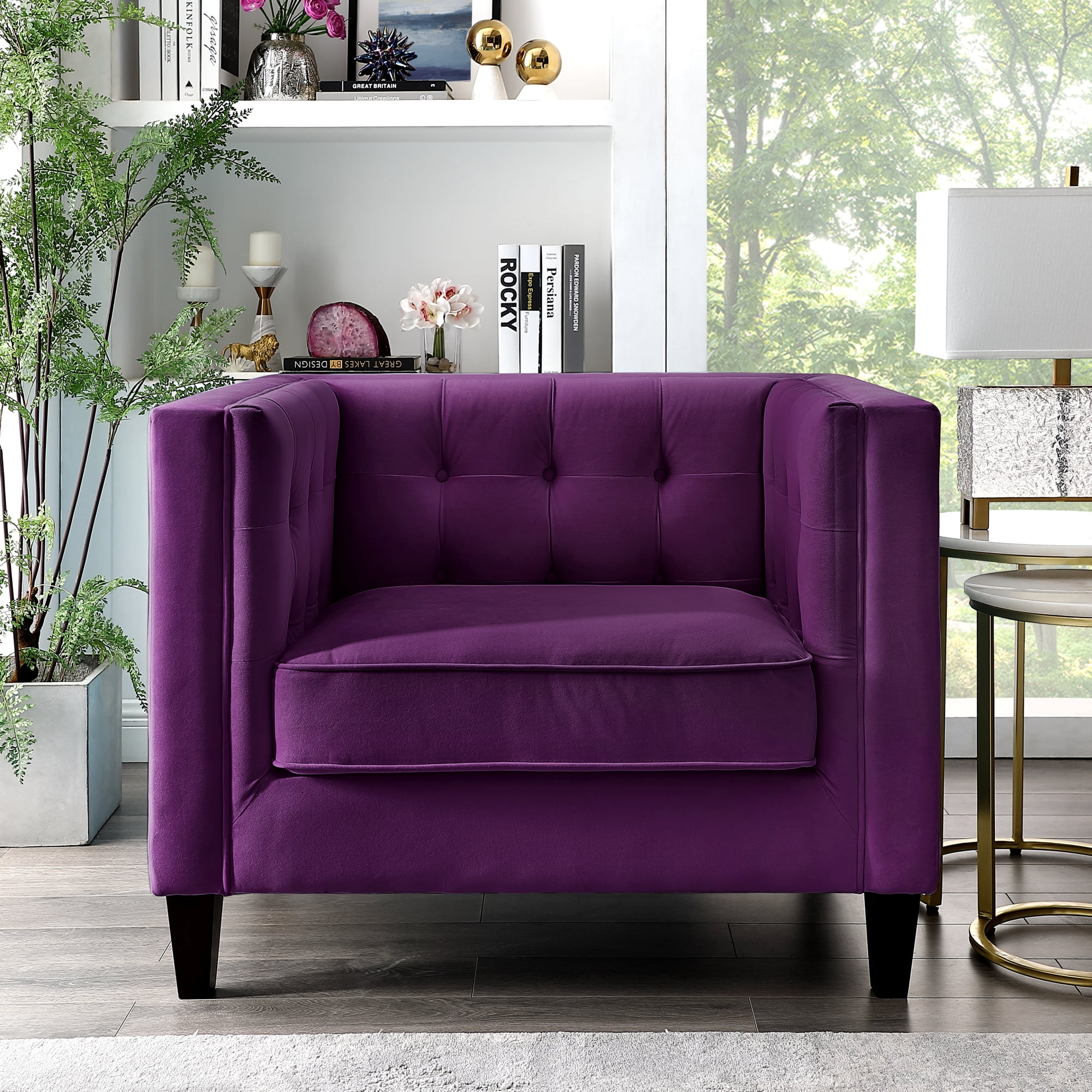 Lena Purple Velvet Club Chair Button Tufted Square Espresso