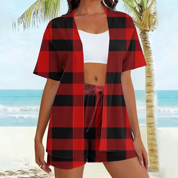 Lenago 2 Piece Sets for Women Loose Daily Casual Non Positioning Printed Casual Cardigan Short Sleeved Top Pants Pocket Setet Outfits Tracksuit Shorts Color Block Sets