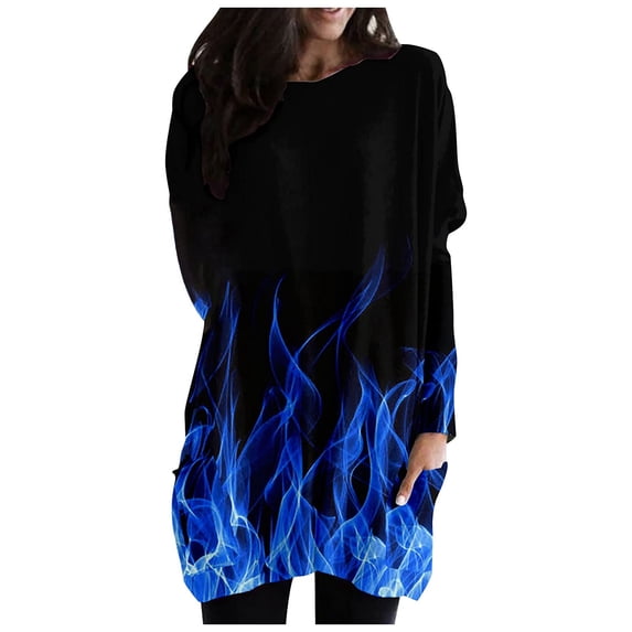 Lenago Blouses for Women Long Sleeve Shirts O-Neck Loose Fit Tops With Pockets Crewneck Sweatshirts Casual Loose Tops