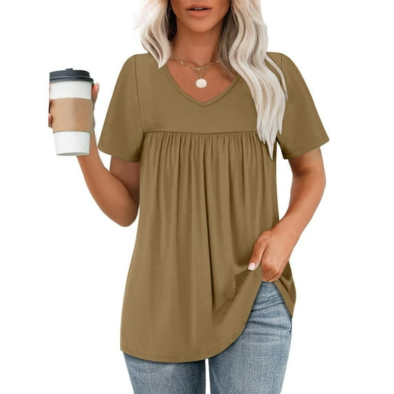 Summer Blouses for Women Plus Size Pleated Womens Top with V Neck Short Sleeves Casual Solid Summer T-shirts Homewear Vacation Beach Party Plus Size S-2XL
