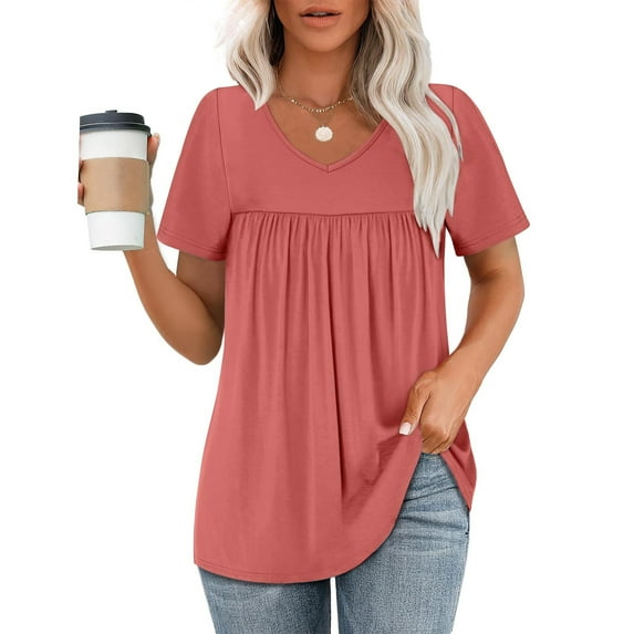 Lenago Blouses for Women Plus Size Pleated Top with V Neck Short Sleeves Casual Solid Summer Dressy T-shirts Homewear for Vacation Beach Party S-2XL