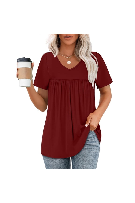 Summer Blouses for Women Plus Size Pleated Womens Top with V Neck Short Sleeves Casual Solid Summer T-shirts Homewear Vacation Beach Party Plus Size S-2XL