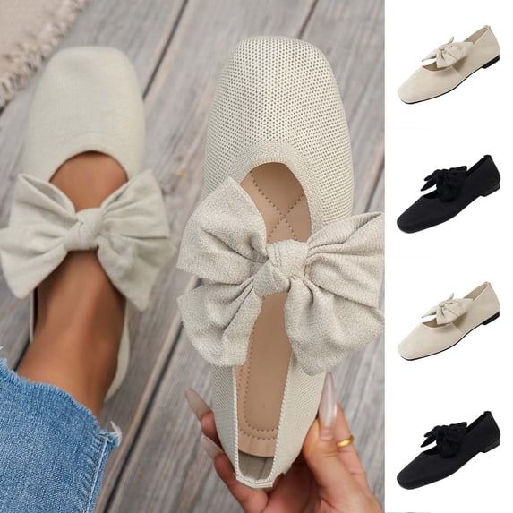 Lenago Bowknot Ballet Flats for Women Wide Width Round Toe Walking Shoes Casual Womens Dress Shoes Office Shopping Party Travel Black Size-6.5